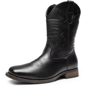 Bruno Marc Men Black Round Toe Slip on Chunky Heel Waterproof Mid Calf Boots
